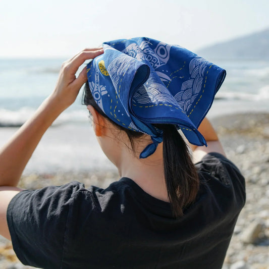 WHTE MOSS Koi Bandana | Blue - Detailed pattern close-up of Japanese style Original hand-drawn graphic by human artists. Uniq