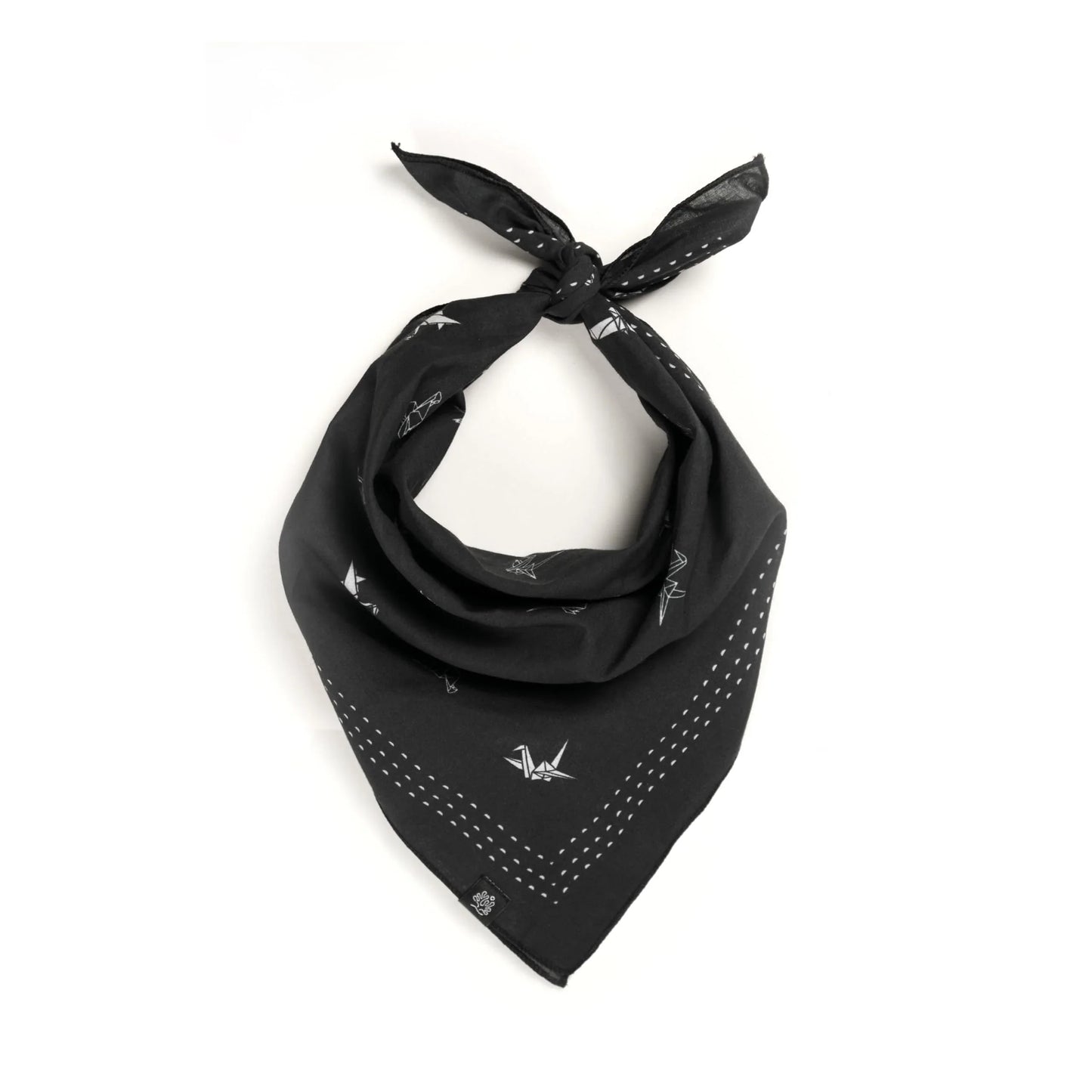 WHTE MOSS Origami Bird Bandana | Black - Angle view of Japanese style Versatile 22x22 inch square size. Elegant neck kerchief