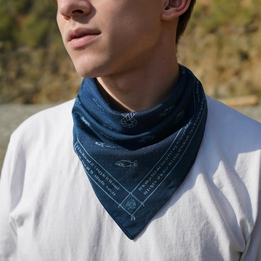 WHTE MOSS Lucky Angler Bandana | Blue - Detailed pattern close-up of Original hand-drawn graphic by human artists. Unique gif