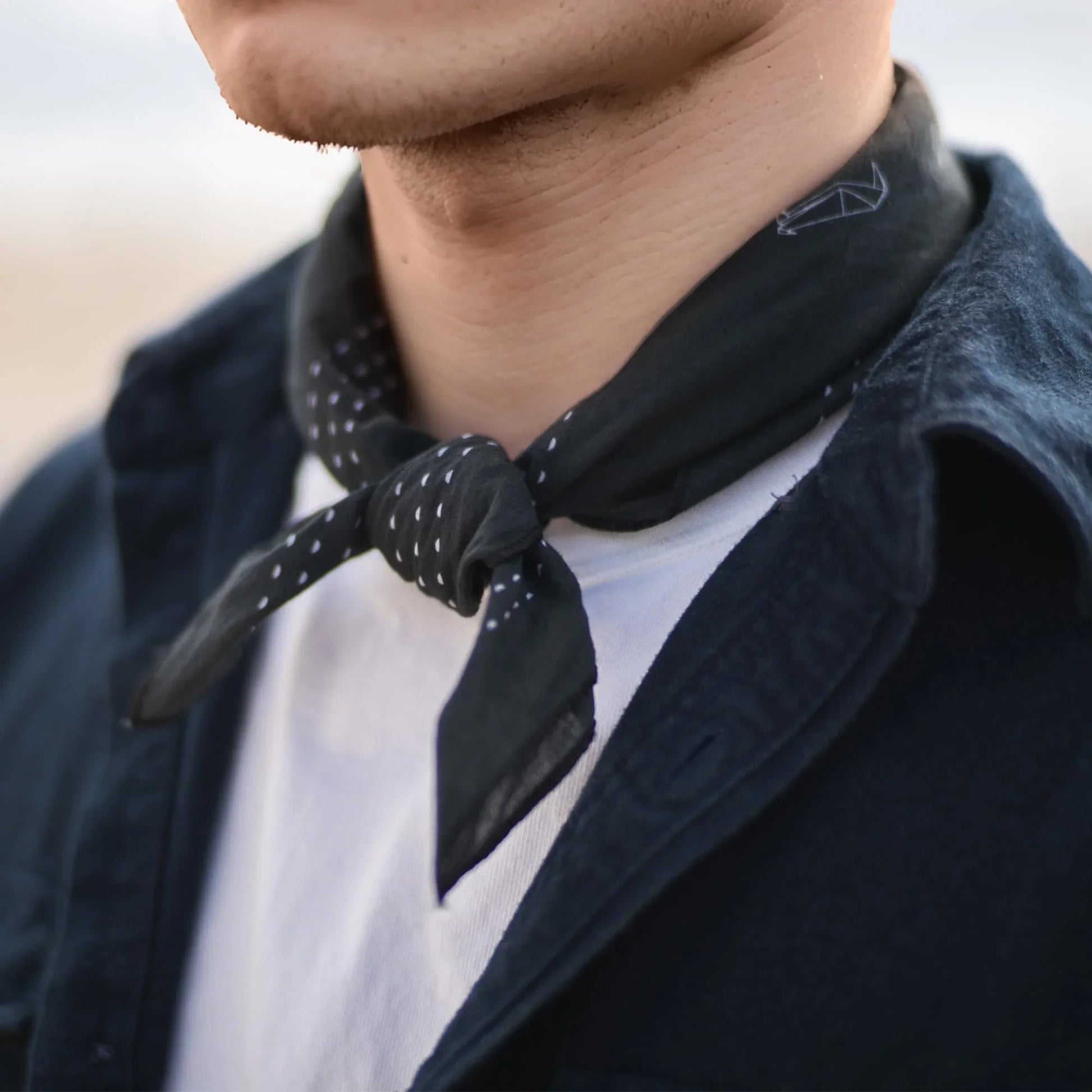 WHTE MOSS Origami Bird Bandana | Black - Macro shot of fabric texture of Japanese style Designed in California. Durable and c