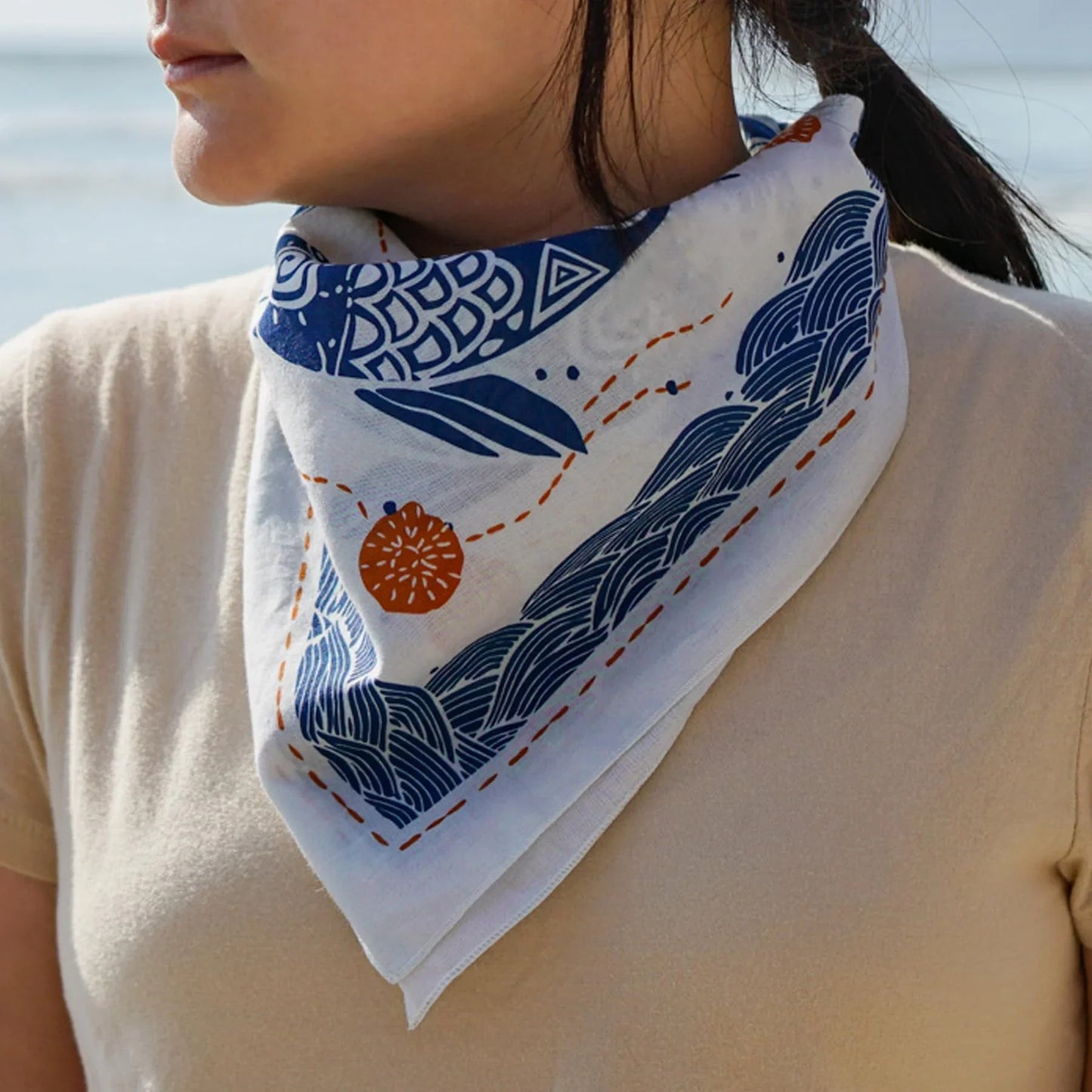 WHTE MOSS Koi Bandana | White - Flat lay arrangement of Japanese style Breathable high-quality fabric. Perfect for hiking, ca