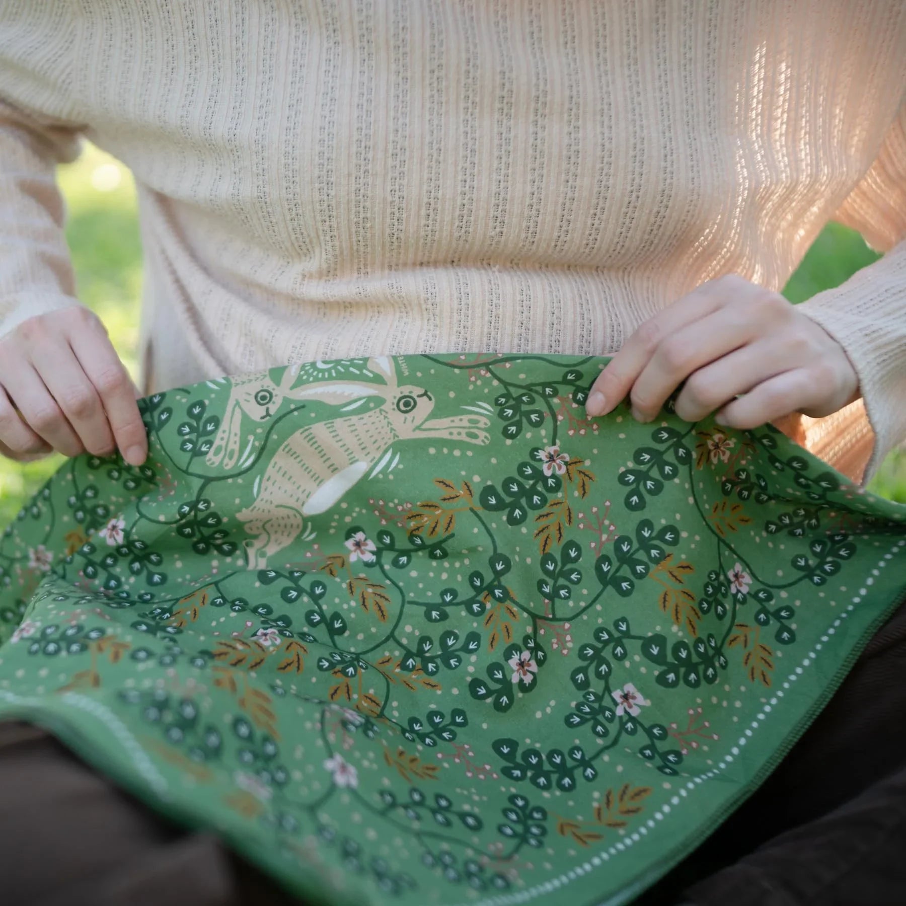WHTE MOSS The Classic three hares Bandana | Green - Angle view of Japanese style Versatile 22x22 inch square size. Elegant ne
