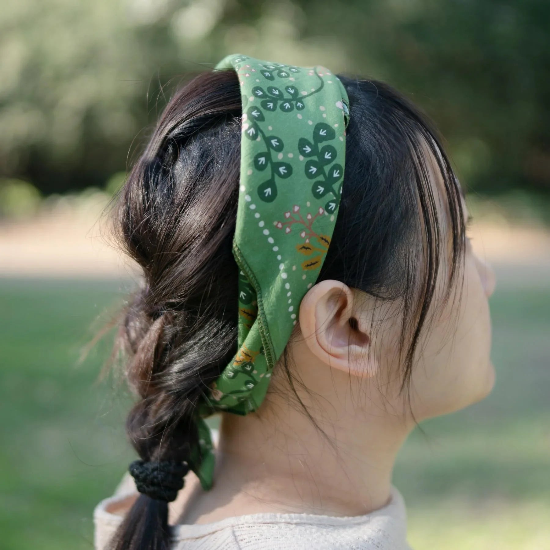 WHTE MOSS The Classic three hares Bandana | Green - Flat lay arrangement of Japanese style Breathable high-quality fabric. Pe