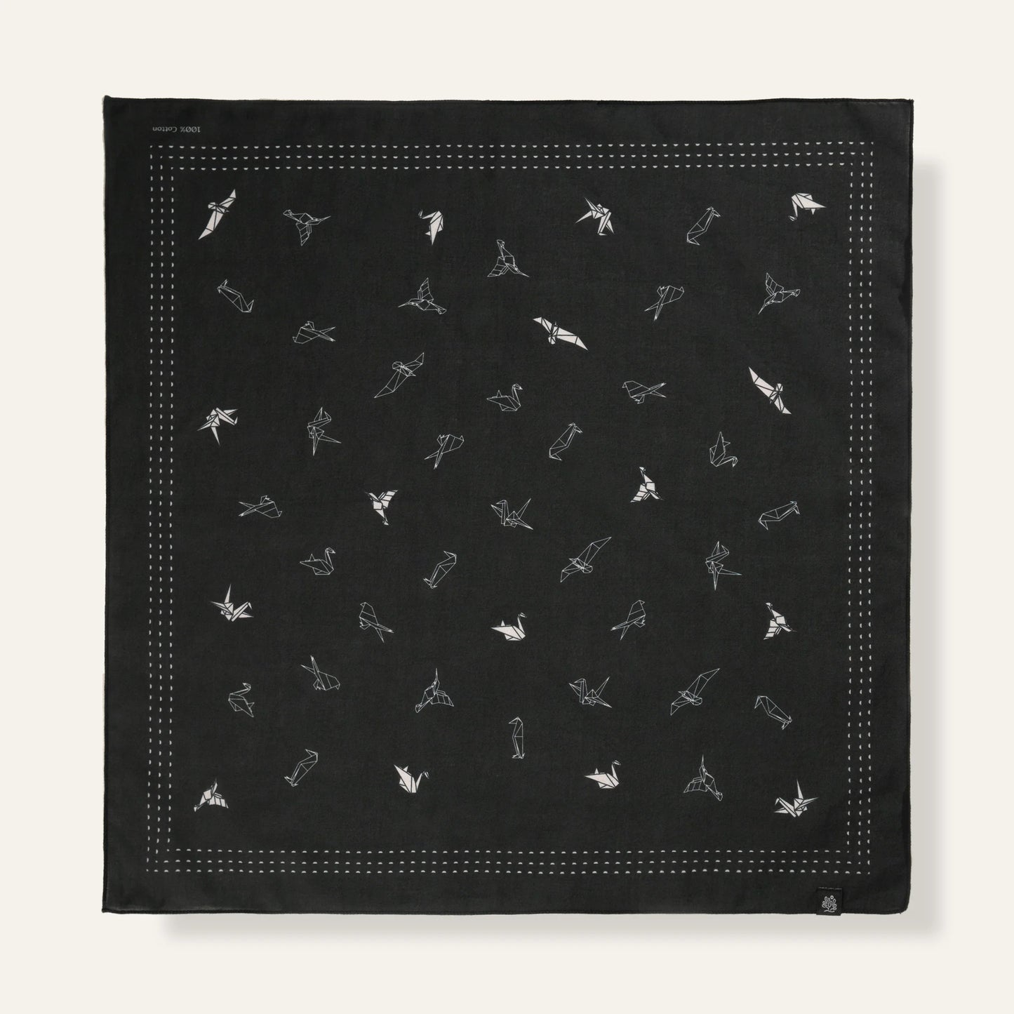 WHTE MOSS Origami Bird Bandana | Black - Full product view of Japanese style Premium ultra-soft 100% fine-combed cotton. Eleg