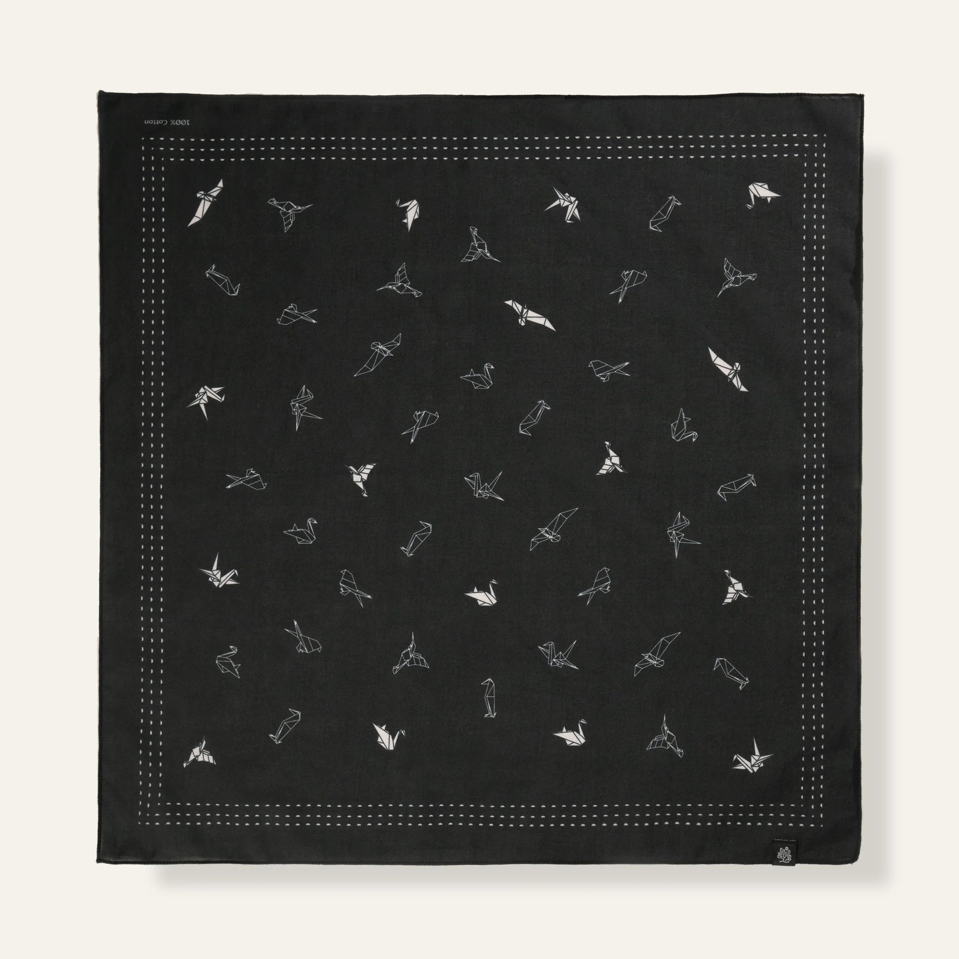 WHTE MOSS Origami Bird Bandana | Black - Full product view of Japanese style Premium ultra-soft 100% fine-combed cotton. Eleg