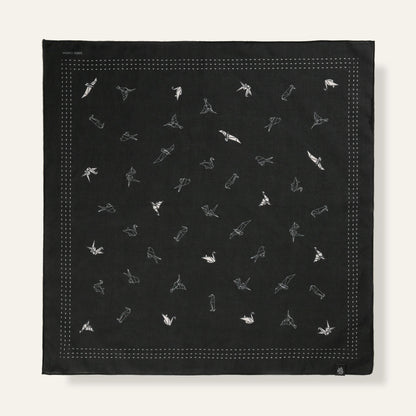WHTE MOSS Origami Bird Bandana | Black - Full product view of Japanese style Premium ultra-soft 100% fine-combed cotton. Eleg