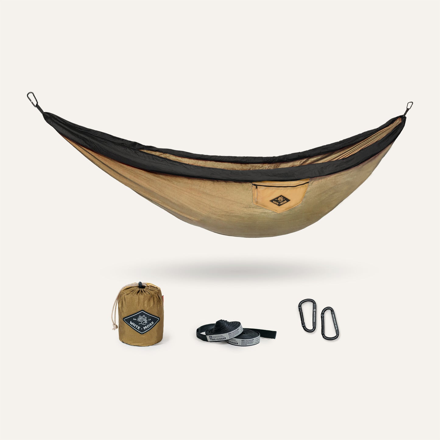 Kangaroo hammock set with carrying bag, straps, and carabiners on a white background