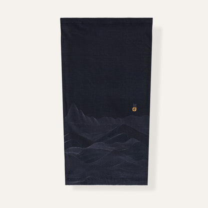 Black neck gaiter with mountain design on a white background
