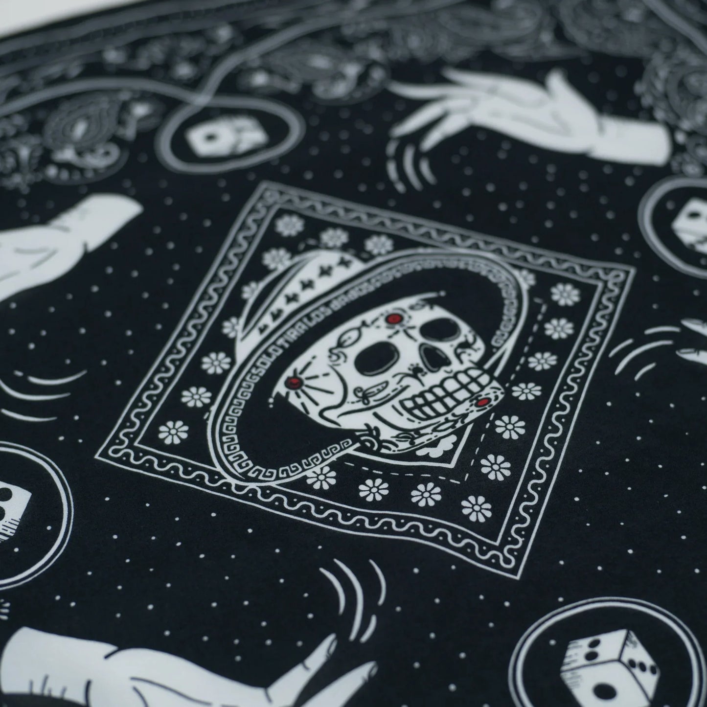 WHTE MOSS Roll the dice bandana | Black - Flat lay arrangement of Mexico style Breathable high-quality fabric. Perfect for hi
