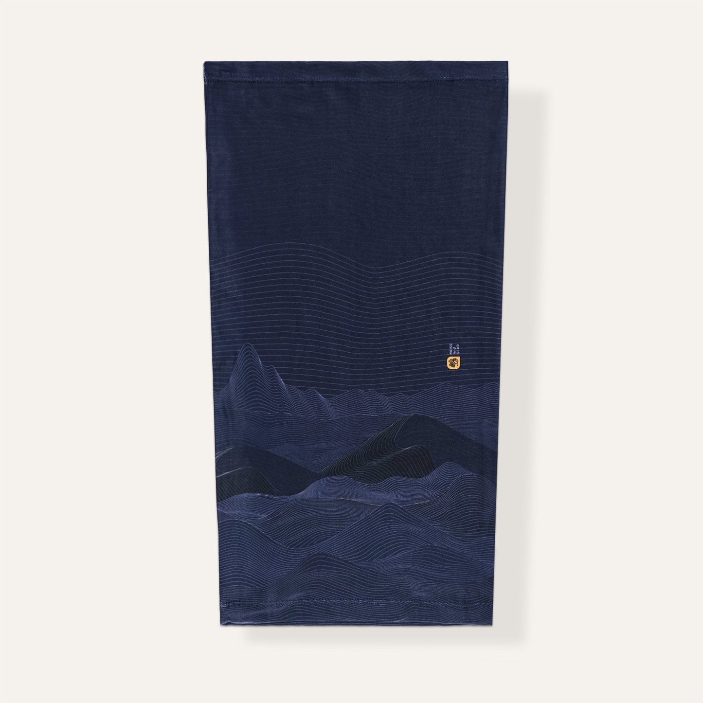 Navy blue neck gaiter with mountain design on a white background