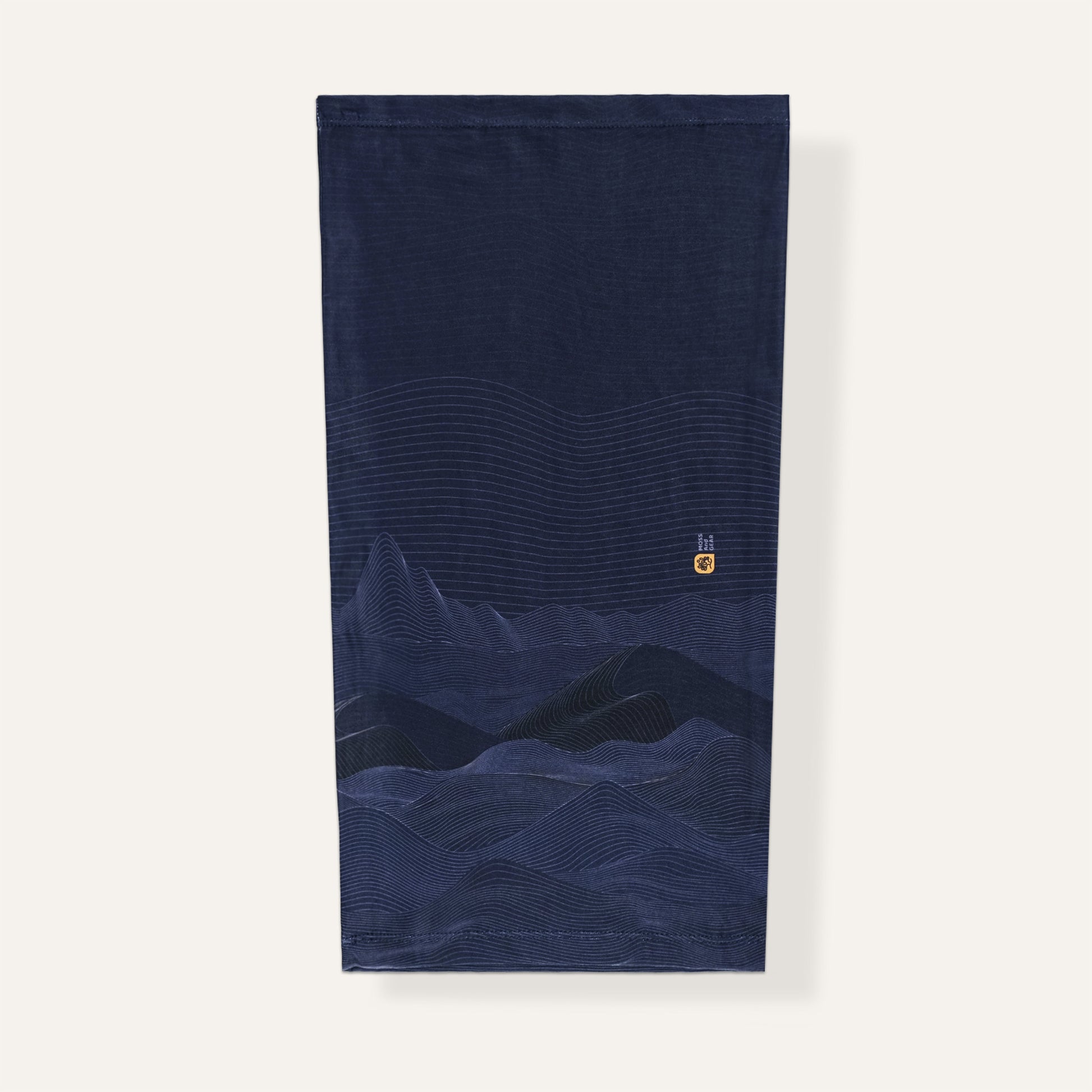 Navy blue neck gaiter with mountain design on a white background