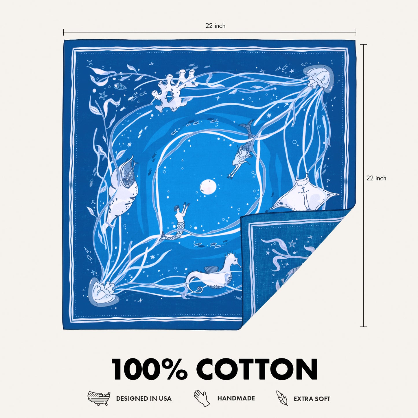 WHTE MOSS The Ocean Bandana |Dark Blue - Macro shot of fabric texture of Designed in California. Perfect for hiking, camping,