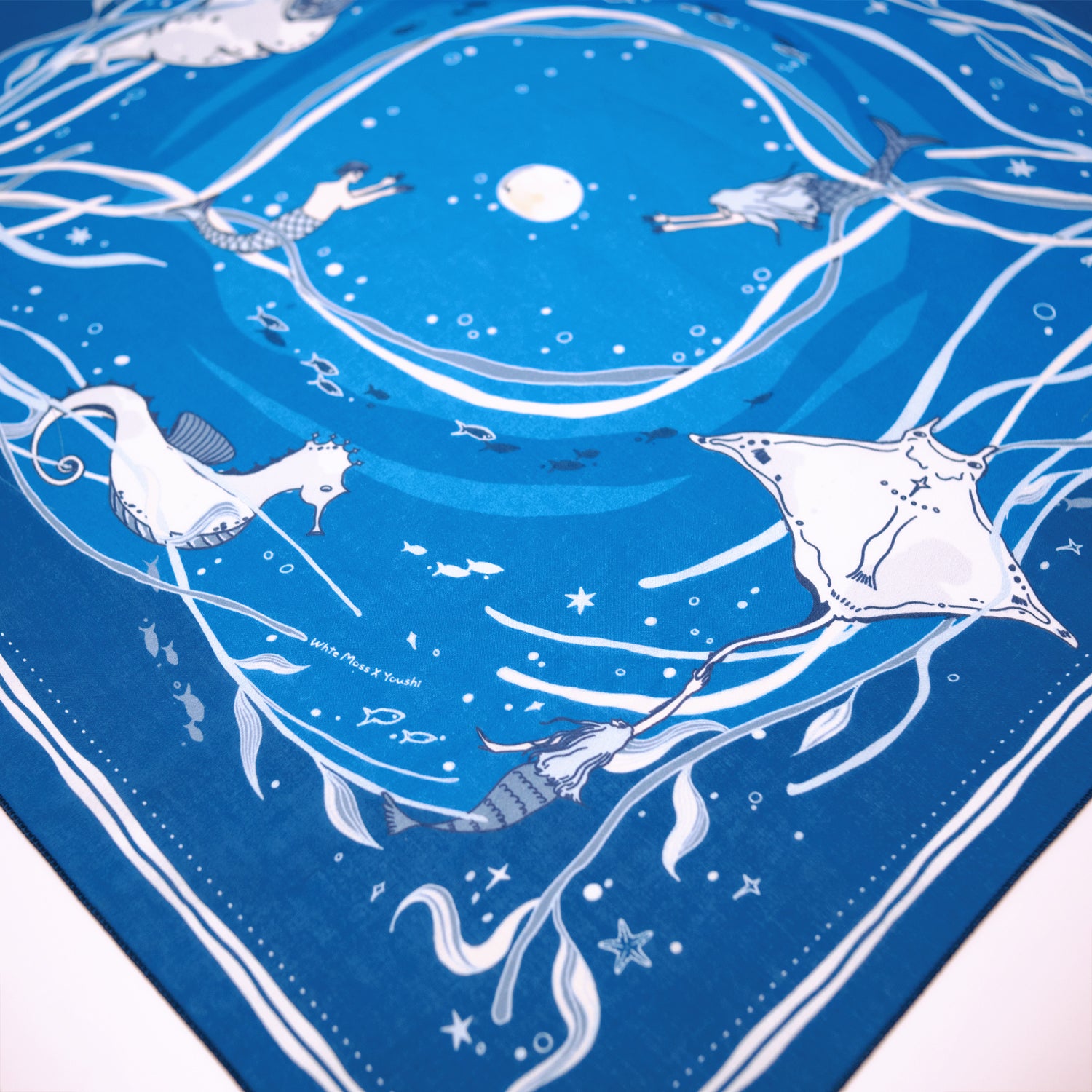 WHTE MOSS The Ocean Bandana |Dark Blue - Detailed pattern close-up of Original hand-drawn graphic by human artists. Durable a