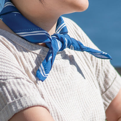 WHTE MOSS The Ocean Bandana |Dark Blue - Angle view of Versatile 22x22 inch square size. Elegant neck kerchief or stylish hea