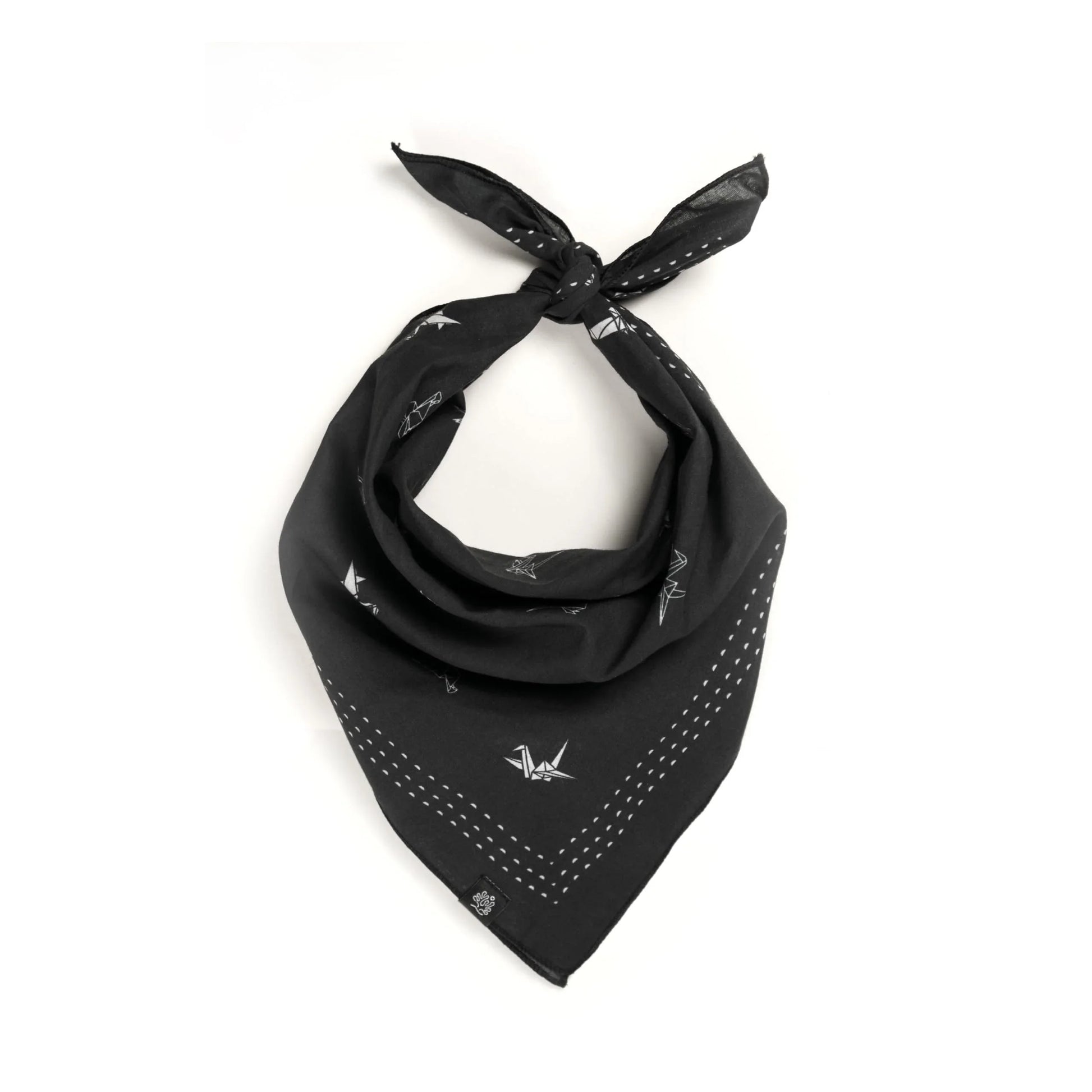 WHTE MOSS Origami Bird Bandana | Black - Angle view of Japanese style Versatile 22x22 inch square size. Elegant neck kerchief