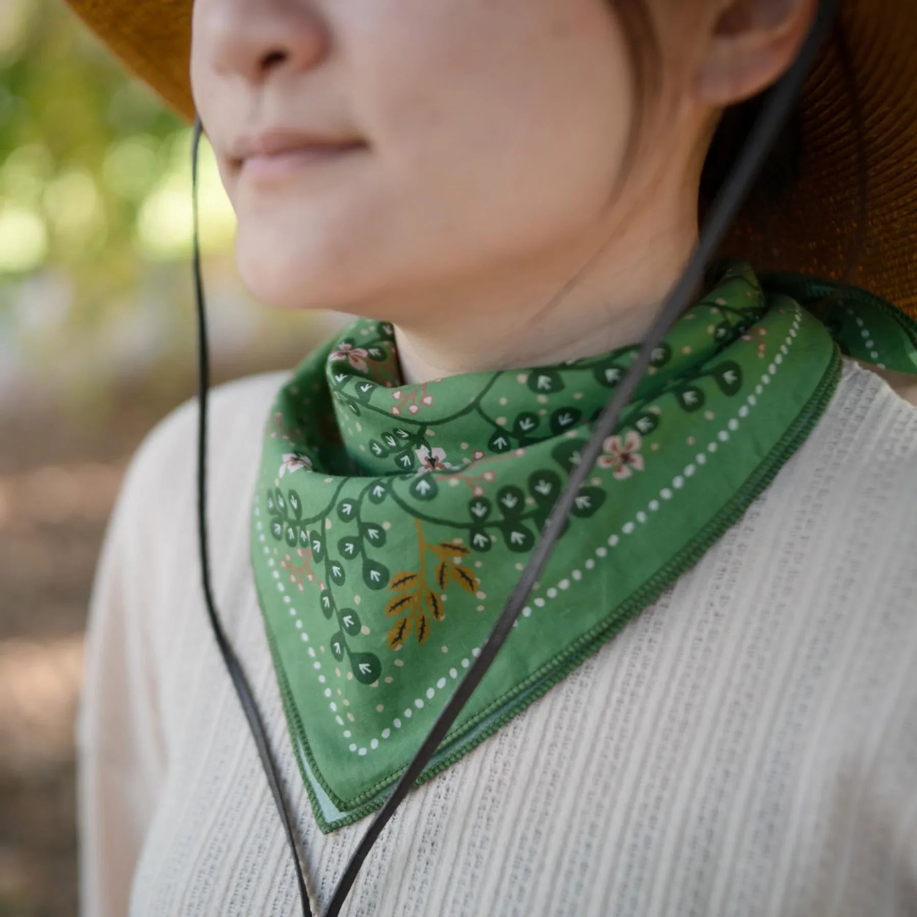 WHTE MOSS The Classic three hares Bandana | Green - Detailed pattern close-up of Japanese style Original hand-drawn graphic b