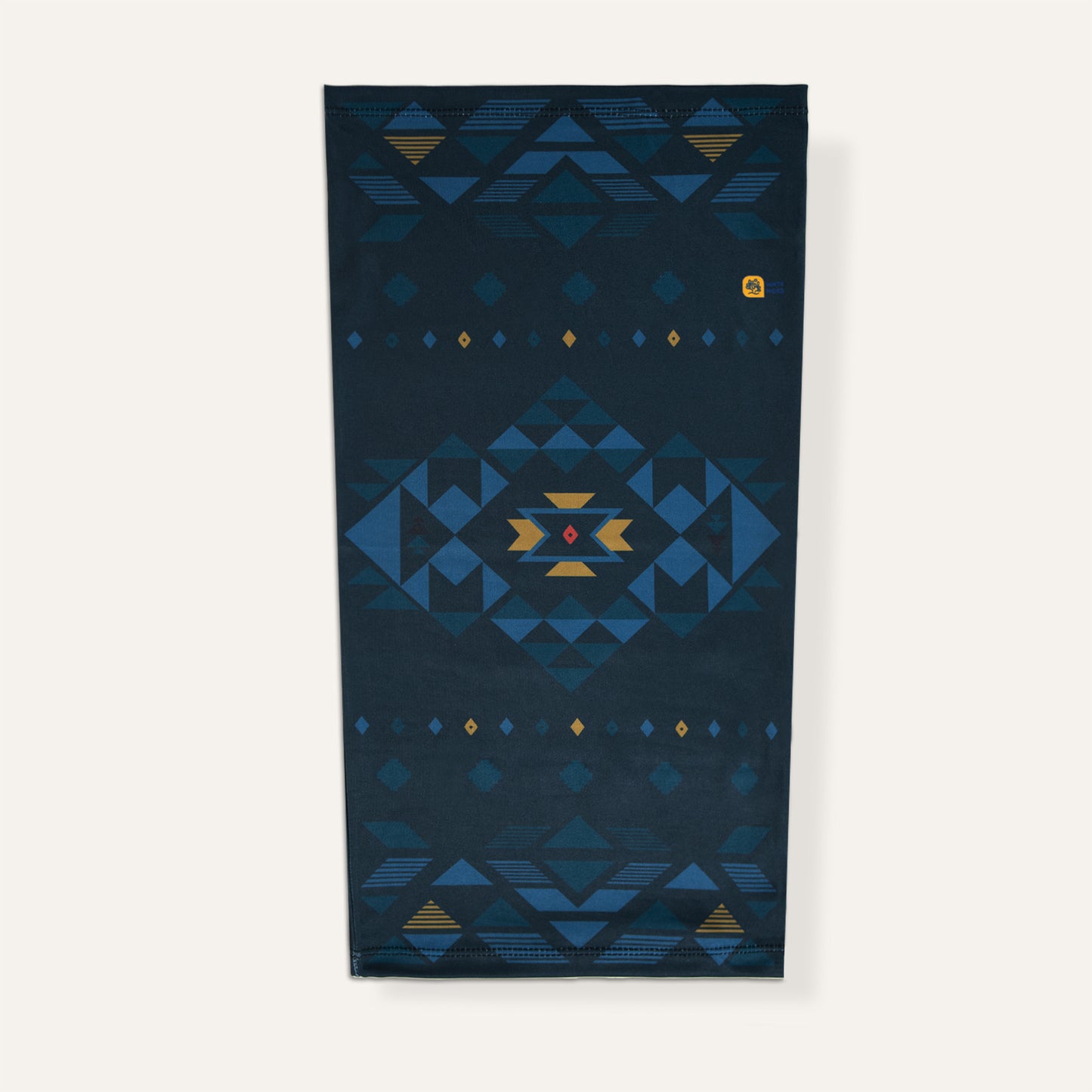 Navy blue neck gaiter with geometric pattern on a white background