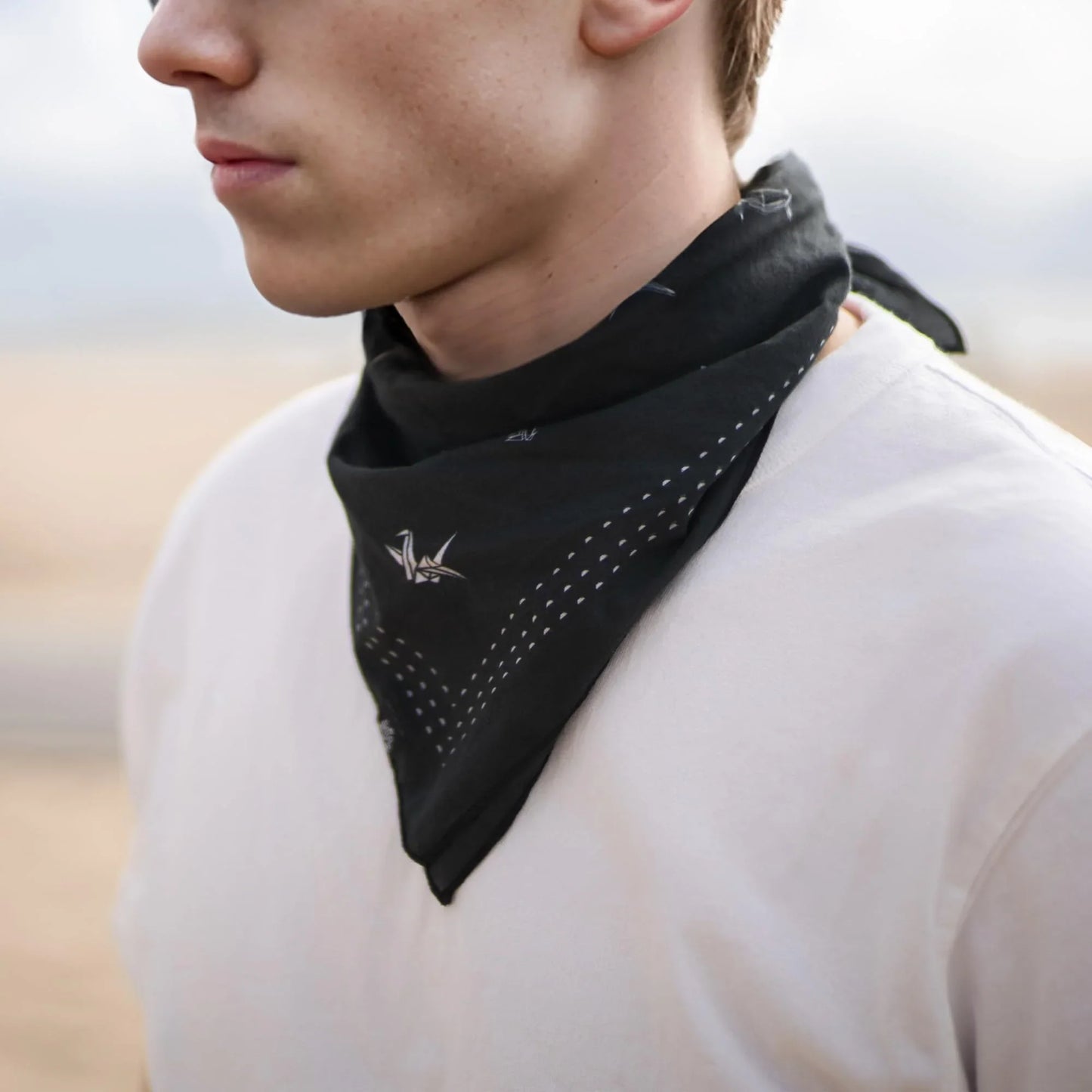 WHTE MOSS Origami Bird Bandana | Black - Detailed pattern close-up of Japanese style Original hand-drawn graphic by human art