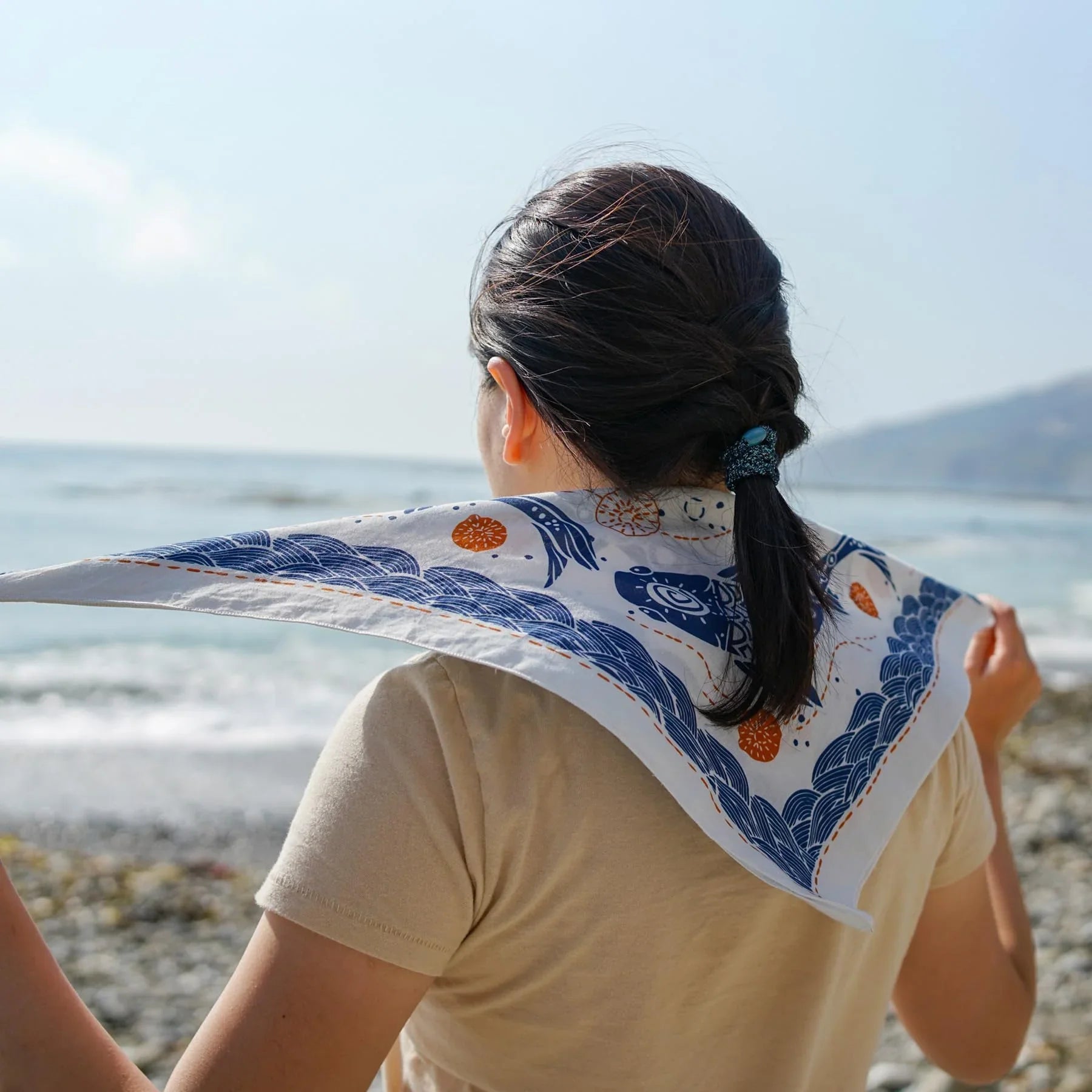 WHTE MOSS Koi Bandana | White - Angle view of Japanese style Versatile 22x22 inch square size. Elegant neck kerchief or styli