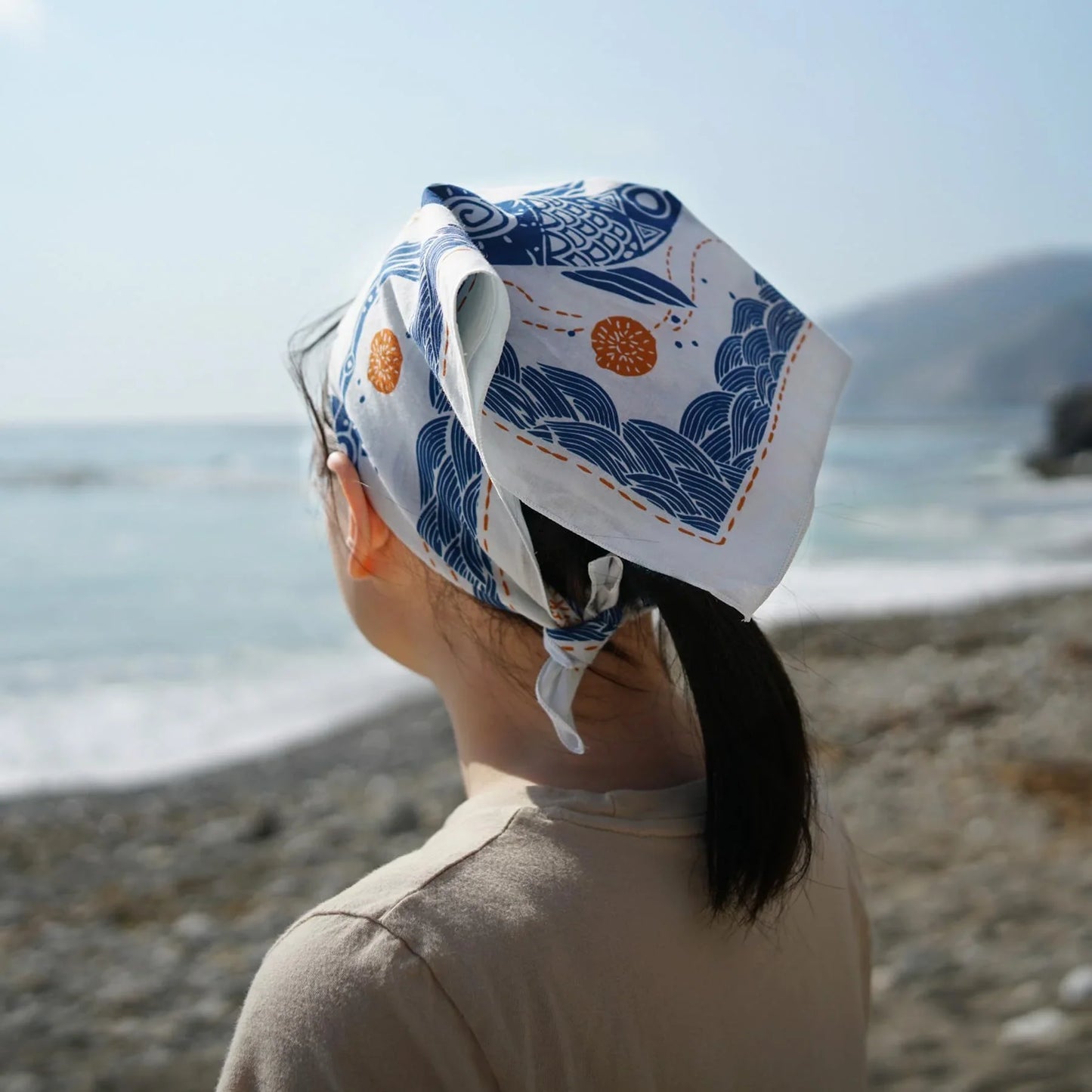 WHTE MOSS Koi Bandana | White - Detailed pattern close-up of Japanese style Original hand-drawn graphic by human artists. Uni