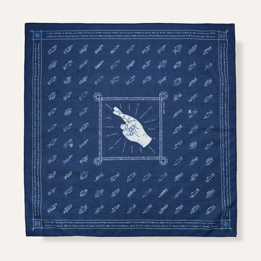 Navy blue bandana with white designs and text on a white background