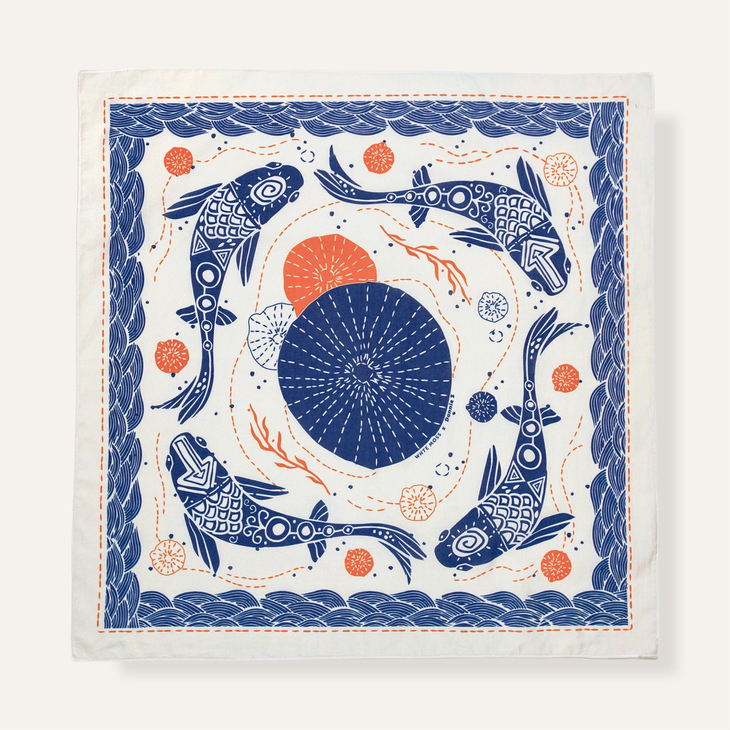 Cotton bandana with blue koi fish, geometric patterns, and orange accents on white fabric.