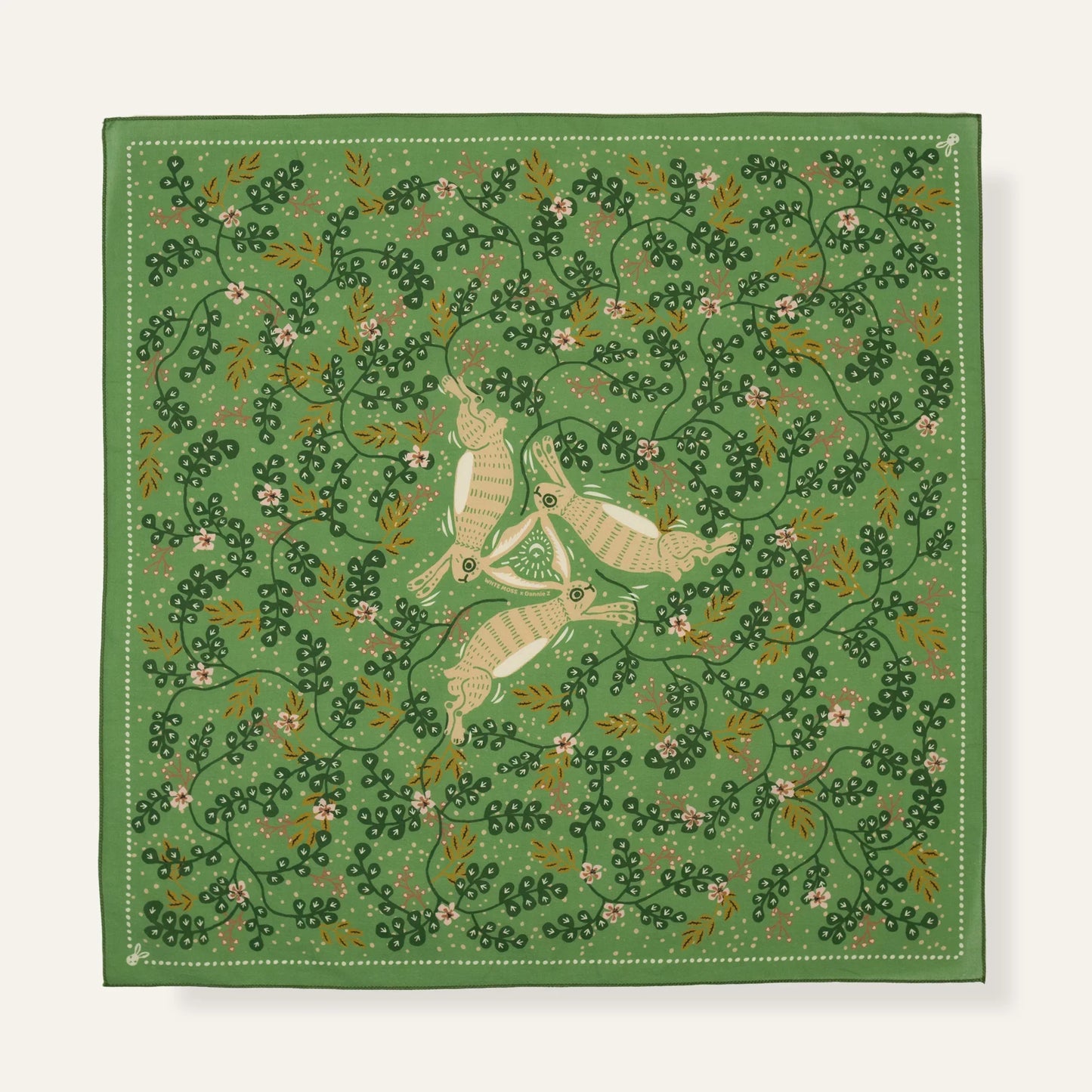 WHTE MOSS The Classic three hares Bandana | Green - Full product view of Japanese style Premium ultra-soft 100% fine-combed c