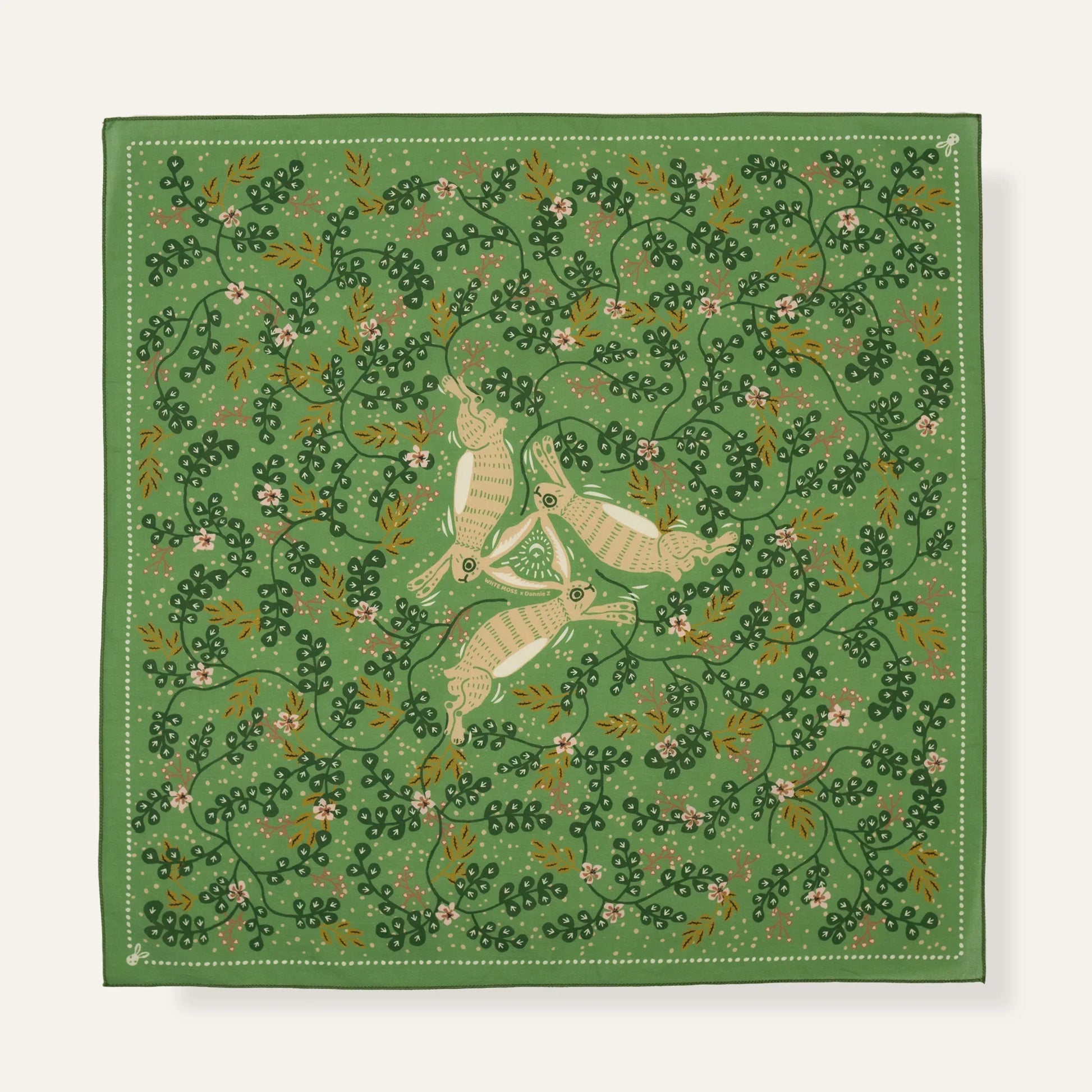 WHTE MOSS The Classic three hares Bandana | Green - Full product view of Japanese style Premium ultra-soft 100% fine-combed c