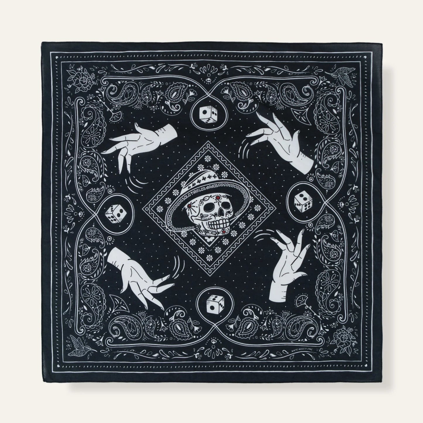 WHTE MOSS Roll the dice bandana | Black - Full product view of Mexico style Premium ultra-soft 100% fine-combed cotton. Elega