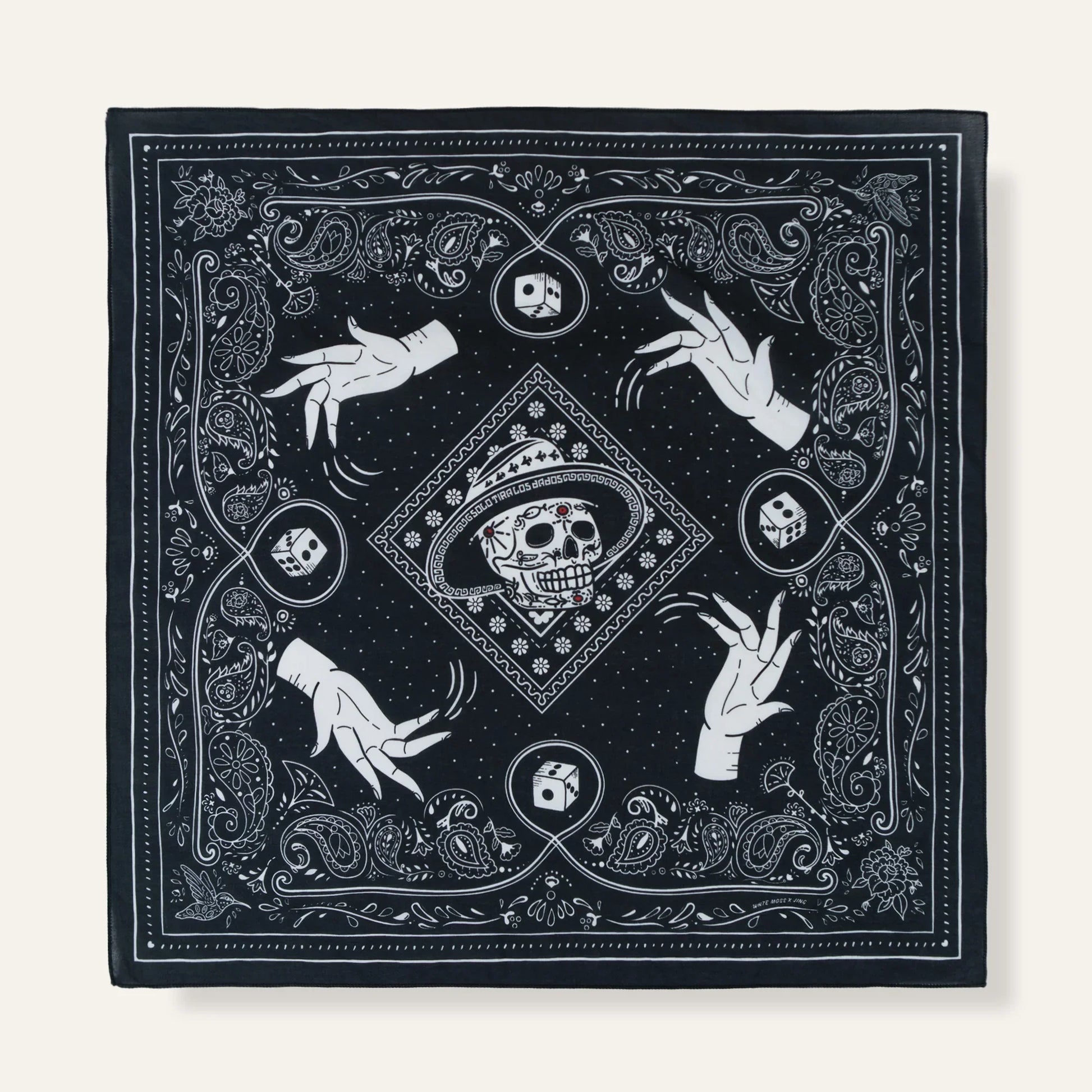 WHTE MOSS Roll the dice bandana | Black - Full product view of Mexico style Premium ultra-soft 100% fine-combed cotton. Elega
