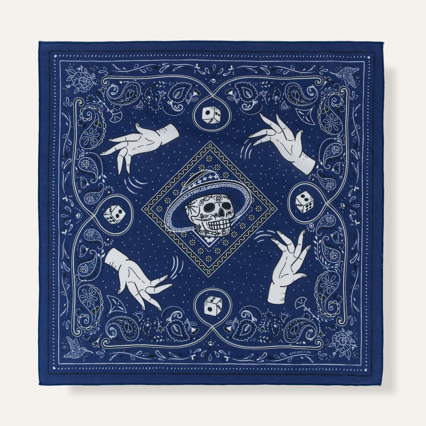 Navy blue bandana with white designs of hands and dice on a white background