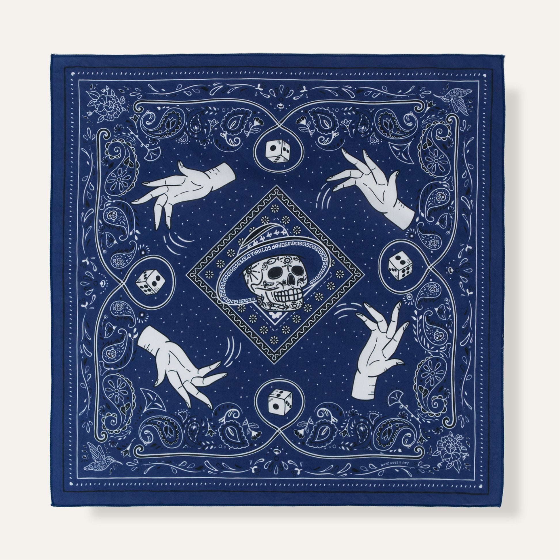 Navy blue bandana with white designs of hands and dice on a white background
