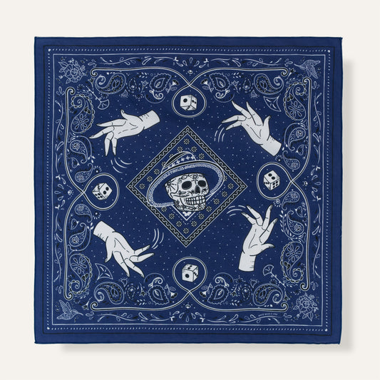 Navy blue bandana with white designs of hands and dice on a white background