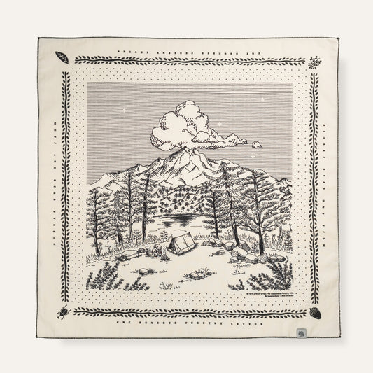 Black and white illustration of a mountain landscape with trees and a tent on a beige border.
