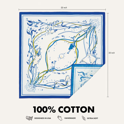 WHTE MOSS The Ocean Bandana | Light Blue - Detailed pattern close-up of Original hand-drawn graphic by human artists. Durable