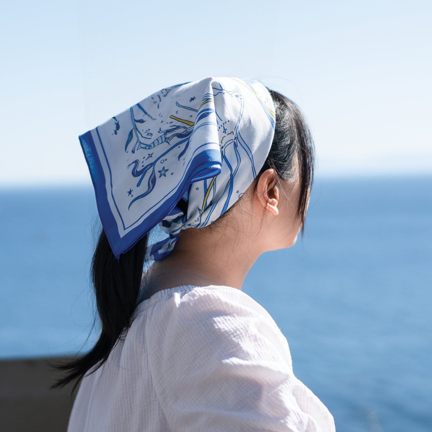 WHTE MOSS The Ocean Bandana | Light Blue - Detailed pattern close-up of Original hand-drawn graphic by human artists. Unique 