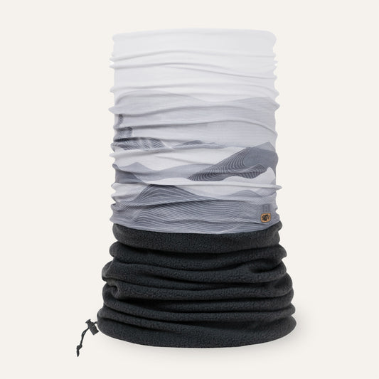 Multicolored neck gaiter with wave pattern on a white background